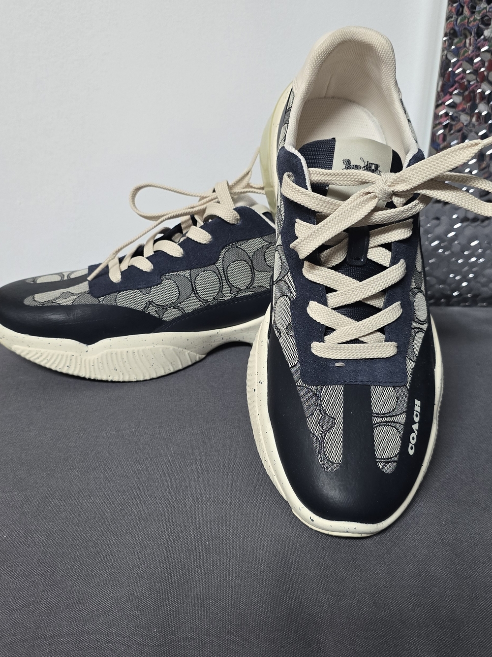 Coach Signature Logo Panel Sneakers in Navy and Cream - Picture 2 of 7